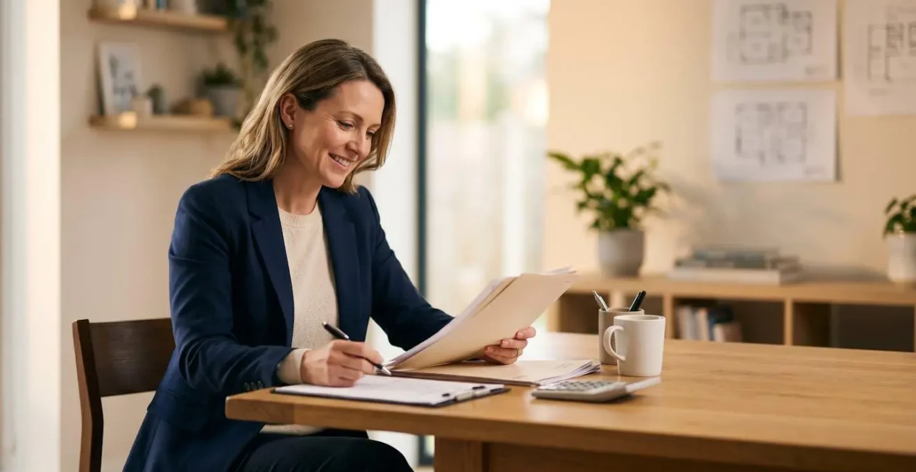 Professional landlord reviewing financial documents and calculator at desk with subtle property investment visual metaphors in natural lighting