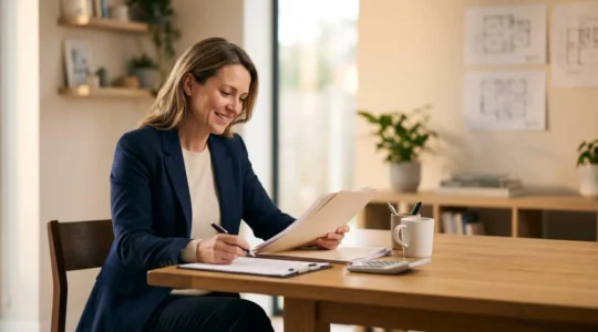 Professional landlord reviewing financial documents and calculator at desk with subtle property investment visual metaphors in natural lighting