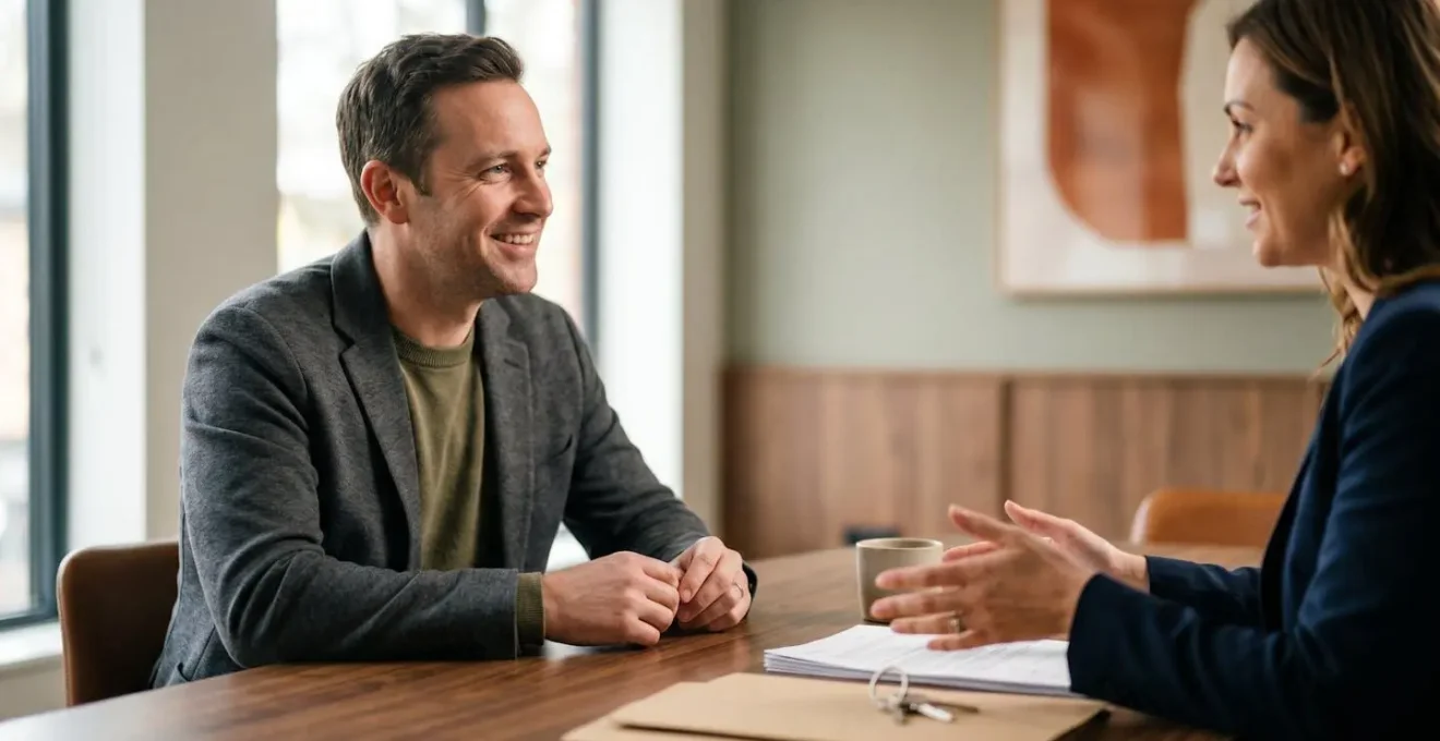 Professional real estate negotiation scene showcasing the strategic advantage of chain-free property buyers