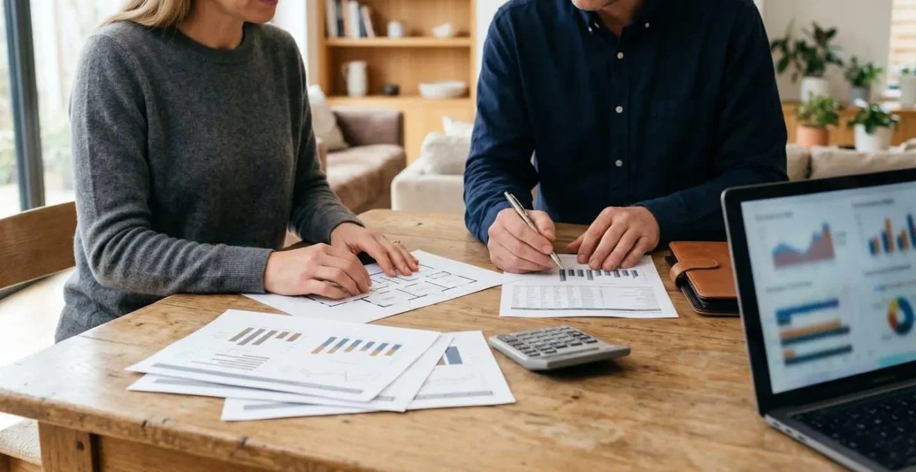 Professional homeowner analyzing property data documents with Land Registry sold price records and comparison charts in natural workspace setting