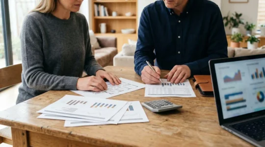 Professional homeowner analyzing property data documents with Land Registry sold price records and comparison charts in natural workspace setting