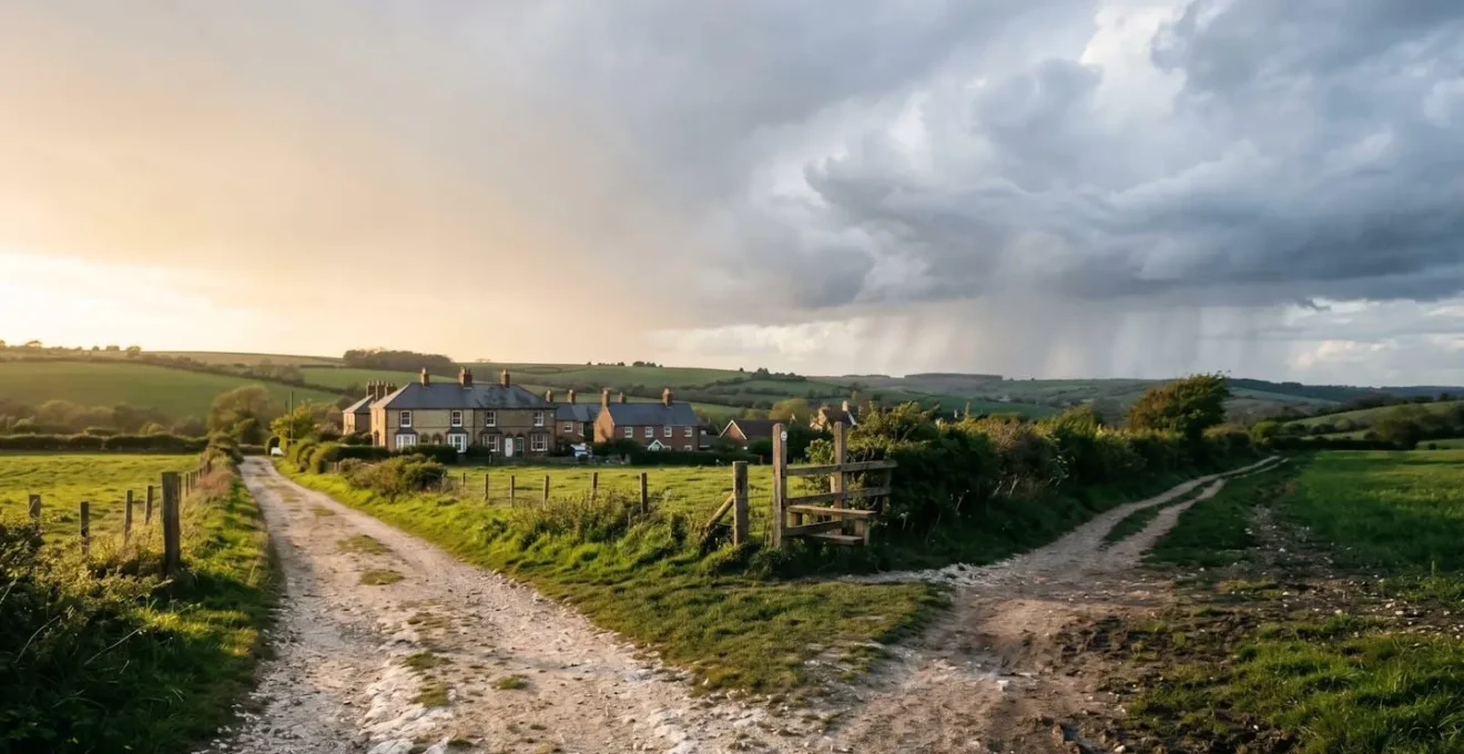 Wide composition showing two contrasting financial pathways with natural environmental depth, symbolizing mortgage rate stability versus variable risk in UK economy