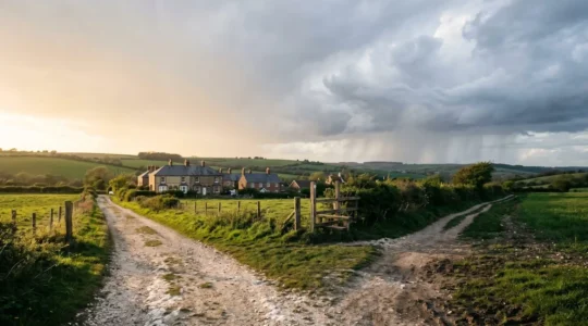 Wide composition showing two contrasting financial pathways with natural environmental depth, symbolizing mortgage rate stability versus variable risk in UK economy