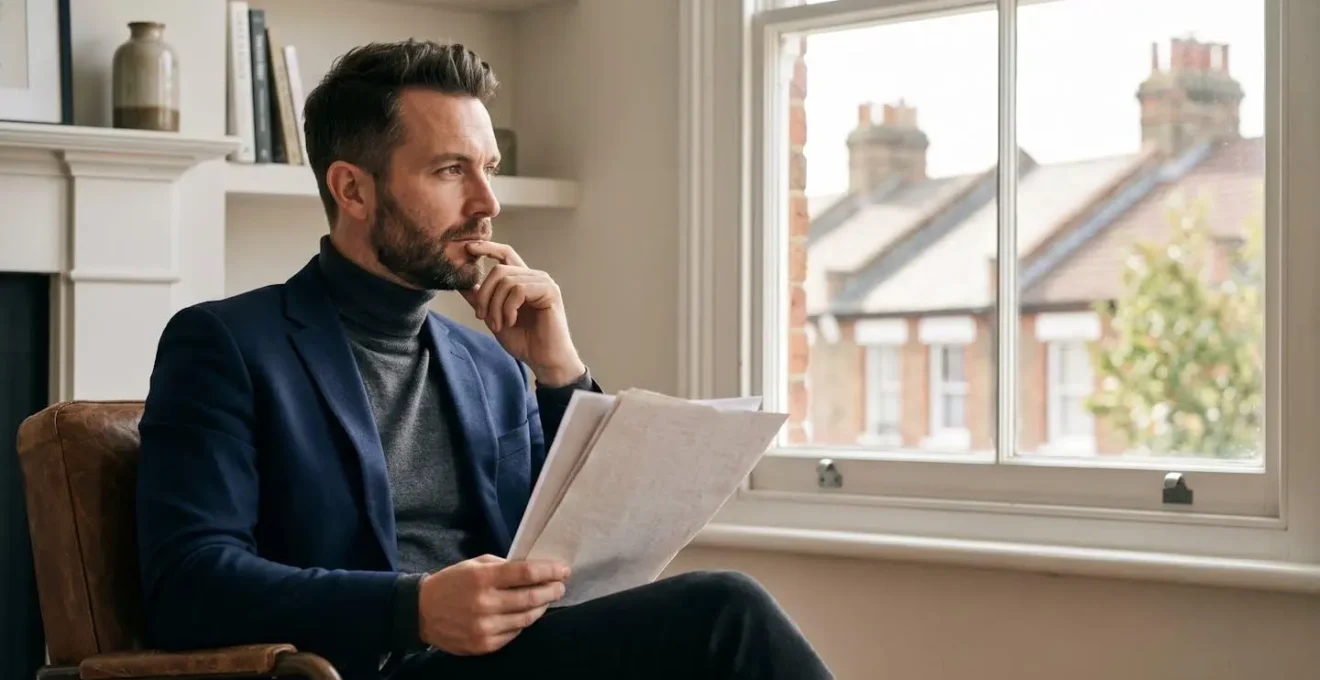 British homebuyer contemplating property documents with subtle architectural elements reflecting UK housing stock