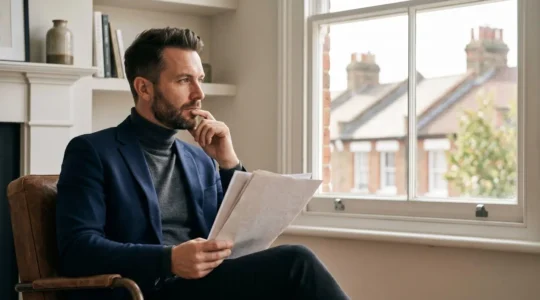 British homebuyer contemplating property documents with subtle architectural elements reflecting UK housing stock