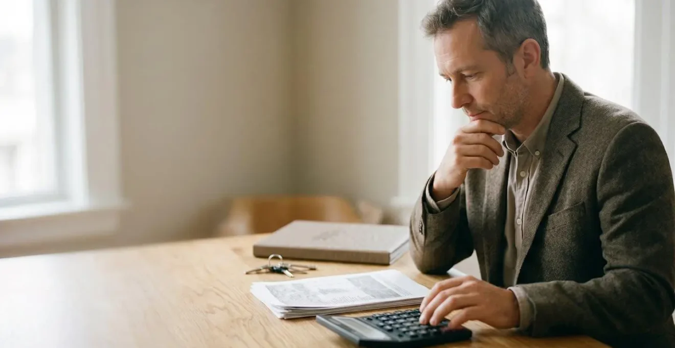 Property owner analyzing financial documents while considering rental management options