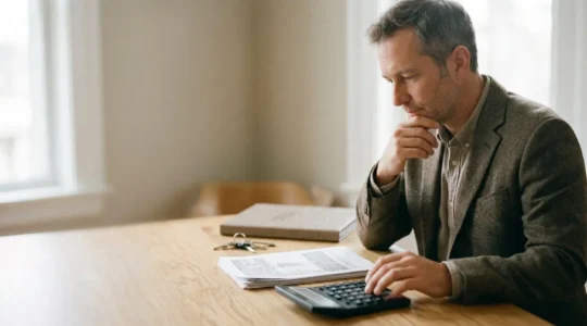 Property owner analyzing financial documents while considering rental management options