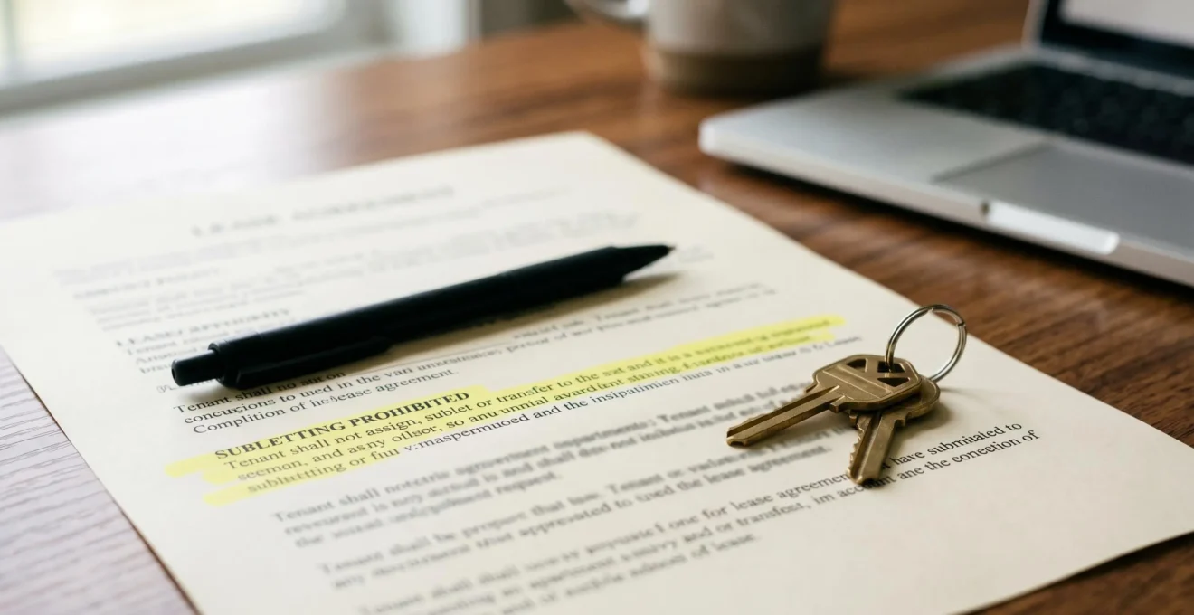 Professional landlord reviewing lease documentation with property keys and legal papers in modern office setting