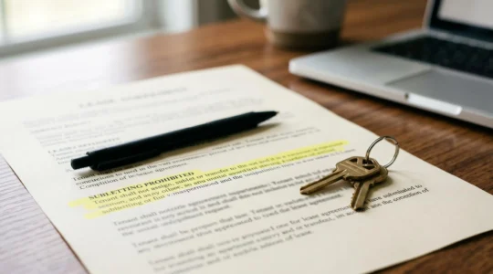 Professional landlord reviewing lease documentation with property keys and legal papers in modern office setting