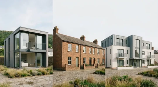 Professional property investment strategy comparison showing residential rental properties with investment analysis elements