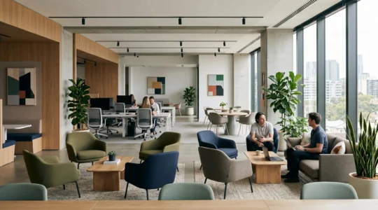 A contemporary office space designed as a destination workplace with collaborative zones and natural light