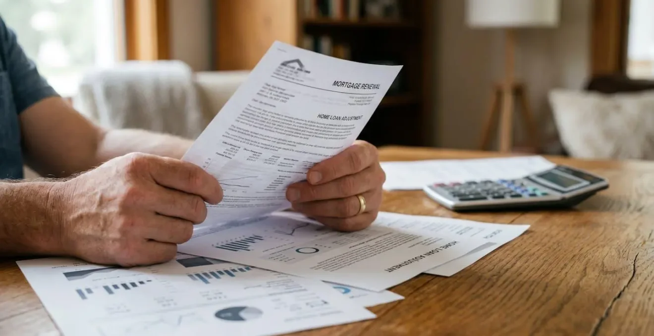 Anxious homeowner reviewing mortgage documents with calculator and property papers spread across wooden desk