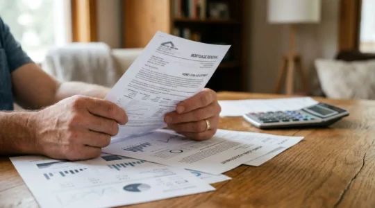 Anxious homeowner reviewing mortgage documents with calculator and property papers spread across wooden desk