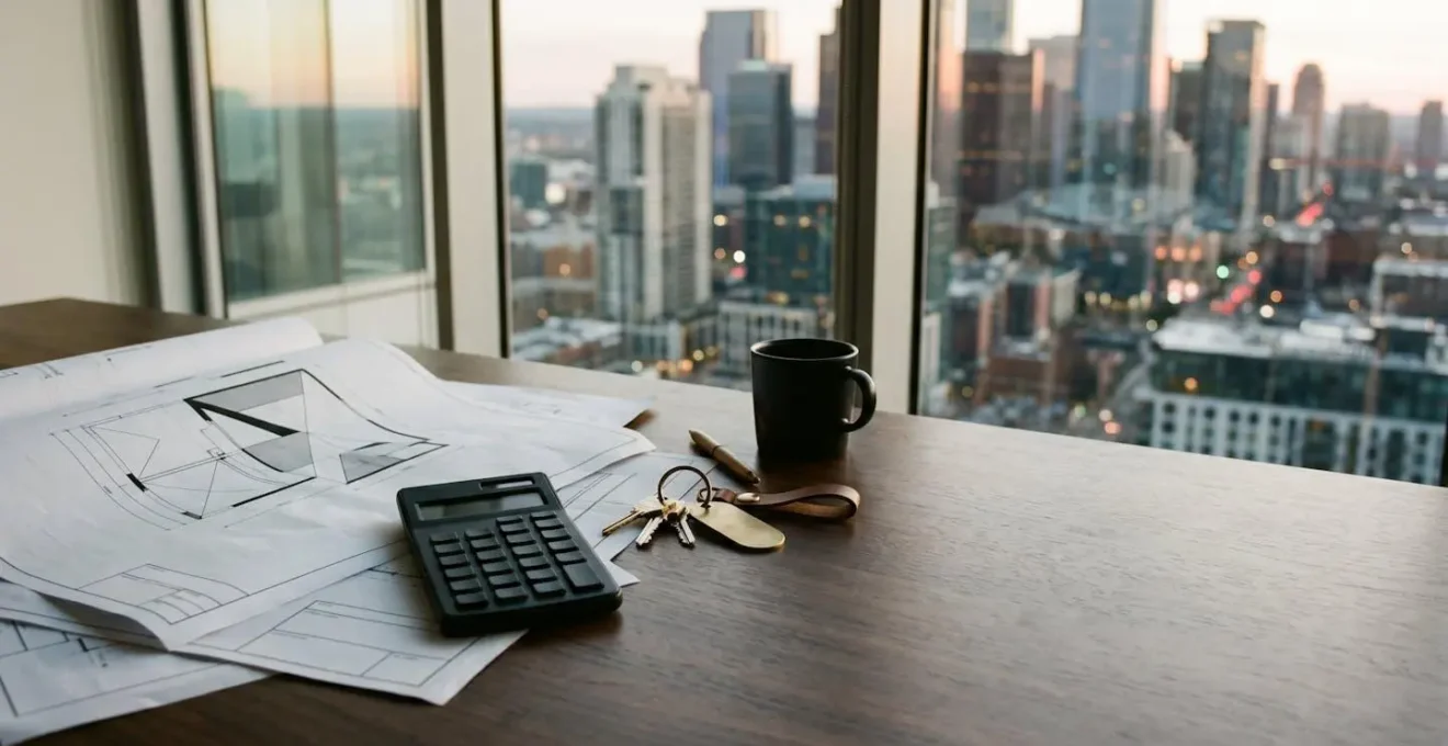 Real estate investor reviewing multiple property blueprints and financial documents with city skyline in background