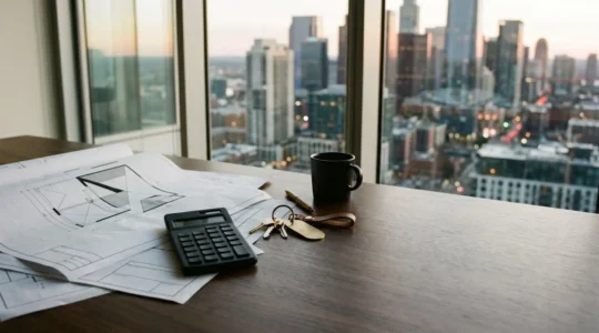 Real estate investor reviewing multiple property blueprints and financial documents with city skyline in background