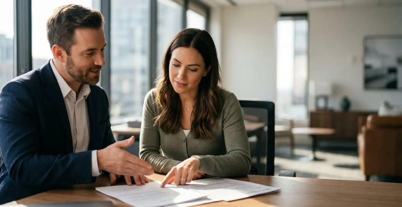 Professional mortgage consultant reviewing approval documents with confident homebuyer in modern office setting