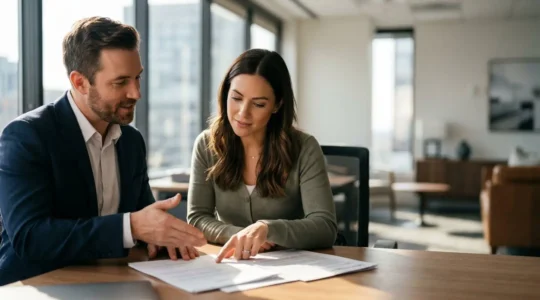 Professional mortgage consultant reviewing approval documents with confident homebuyer in modern office setting