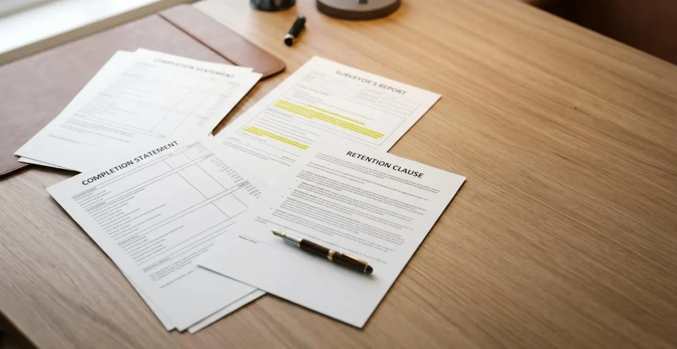 Professional conveyancing scene showing property completion documents with retention clause on desk