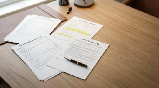 Professional conveyancing scene showing property completion documents with retention clause on desk