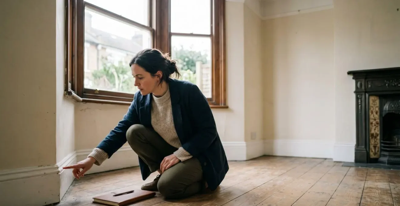 UK homebuyer conducting thorough property inspection during viewing with attention to structural details