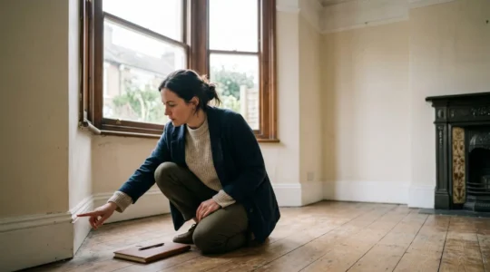 UK homebuyer conducting thorough property inspection during viewing with attention to structural details