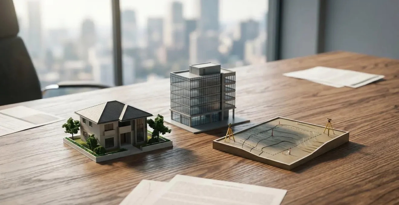 Investment decision concept showing diverse real estate asset types in financial analysis context
