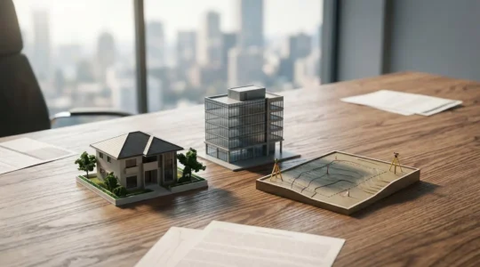 Investment decision concept showing diverse real estate asset types in financial analysis context