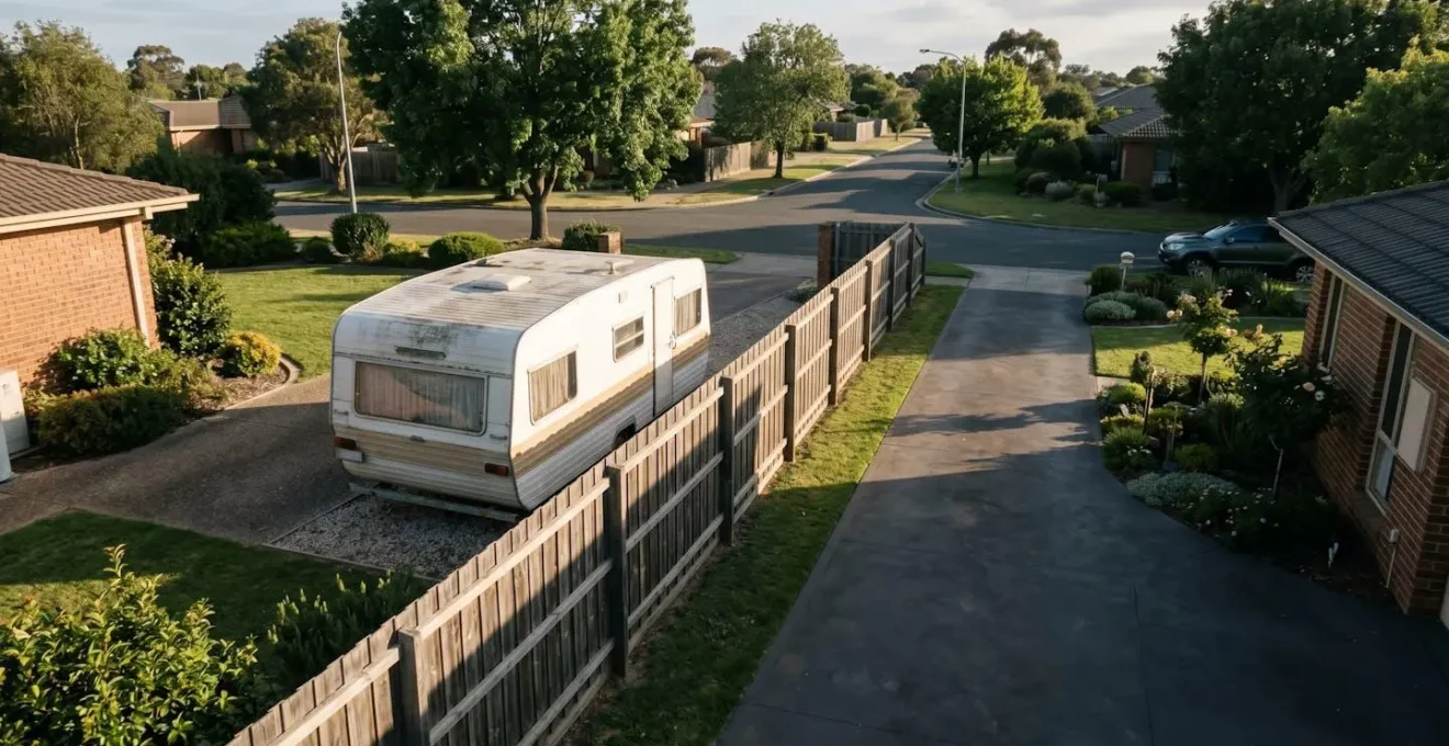 Residential property boundary showing fence line and driveway with dramatic shadows indicating property restrictions