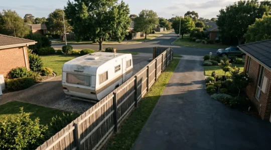 Residential property boundary showing fence line and driveway with dramatic shadows indicating property restrictions