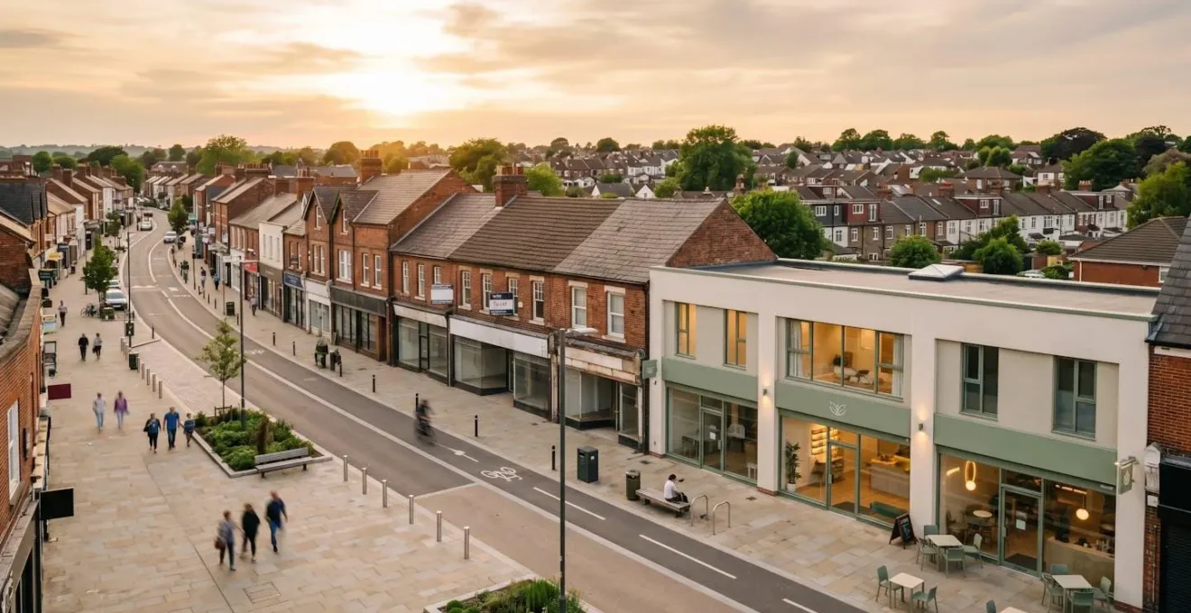 Urban retail street showing traditional storefronts being converted to modern mixed-use spaces with ground-floor businesses and residential units above