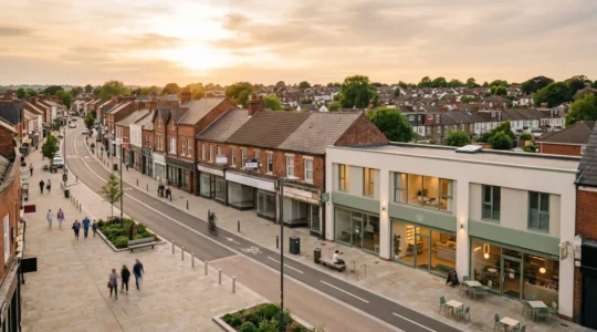 Urban retail street showing traditional storefronts being converted to modern mixed-use spaces with ground-floor businesses and residential units above