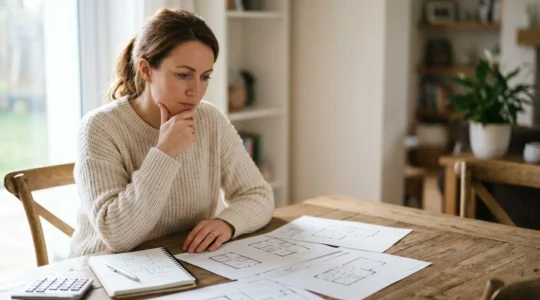 Thoughtful home buyer reviewing property documents in natural light contemplating sealed bid strategy