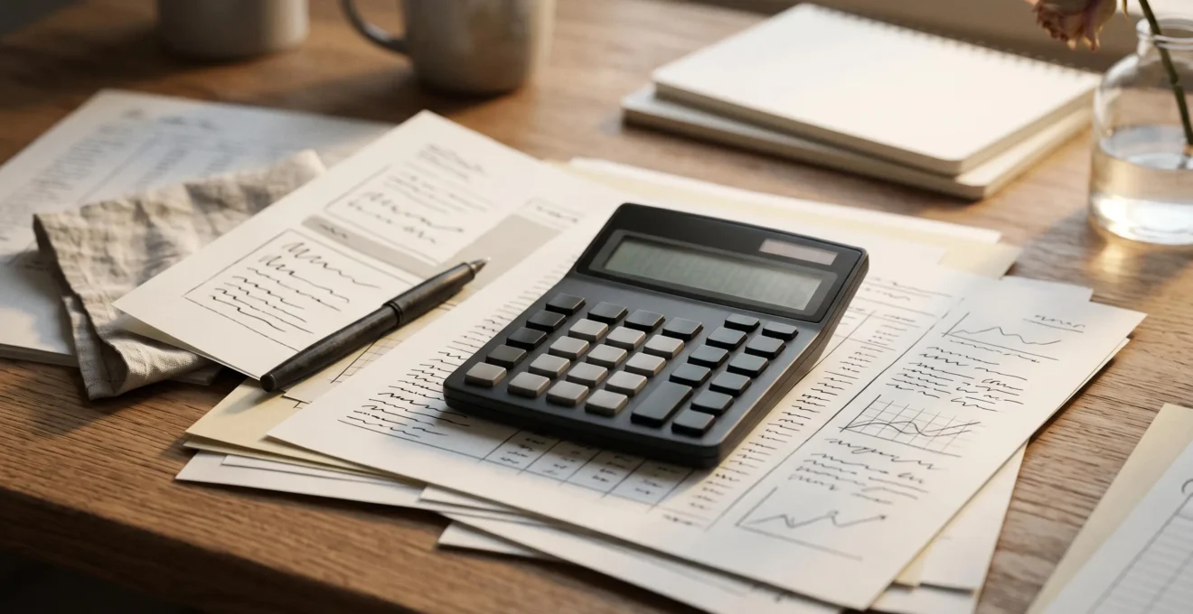 Professional editorial photograph showing financial planning documents and calculator arranged on a clean desk surface, illustrating tax calculation concepts