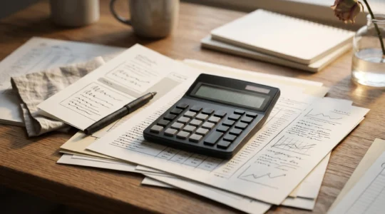 Professional editorial photograph showing financial planning documents and calculator arranged on a clean desk surface, illustrating tax calculation concepts