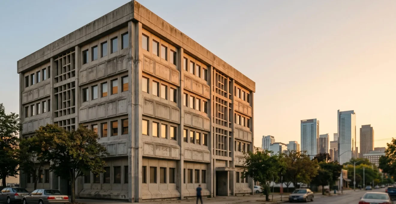 Aging commercial office building facade showing outdated architecture representing Grade B stranded asset risk