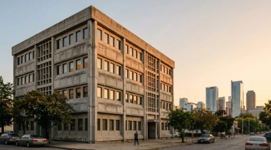 Aging commercial office building facade showing outdated architecture representing Grade B stranded asset risk