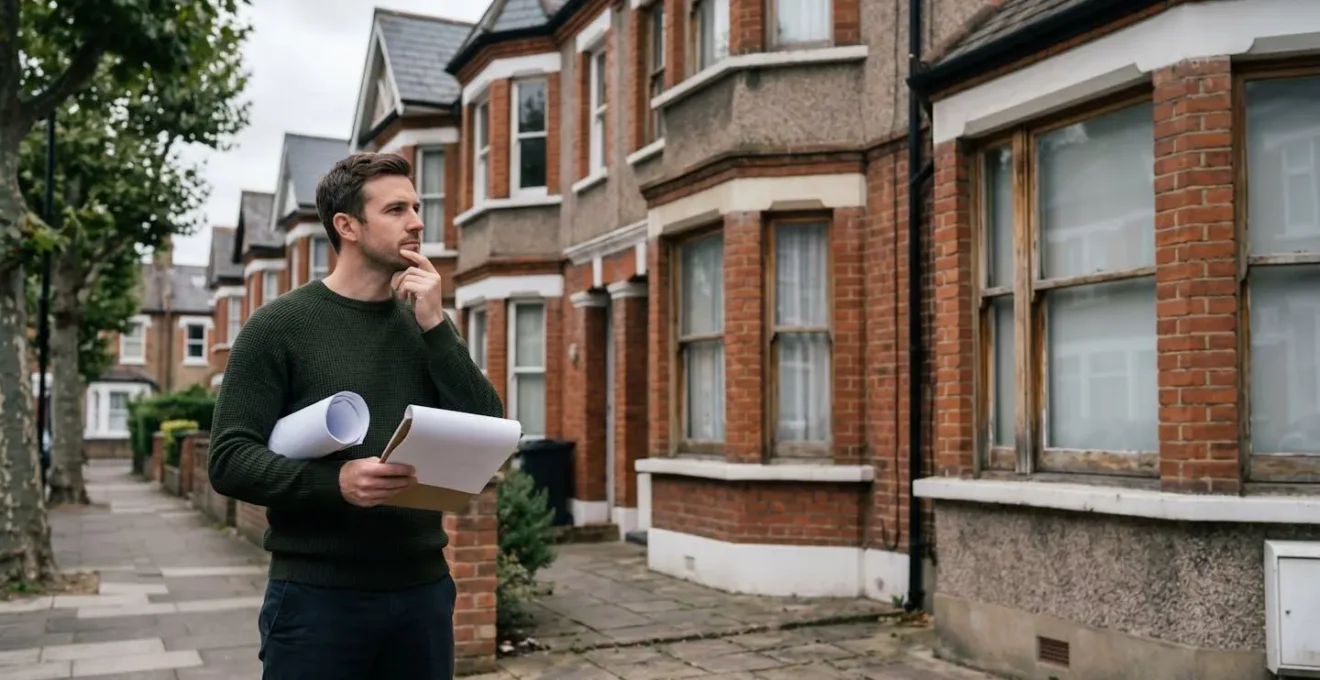 UK homeowner reviewing property improvement investment decision with house exterior visible in background