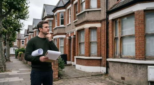 UK homeowner reviewing property improvement investment decision with house exterior visible in background