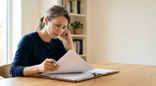 UK landlord carefully reviewing tenant identification documents during Right to Rent verification process