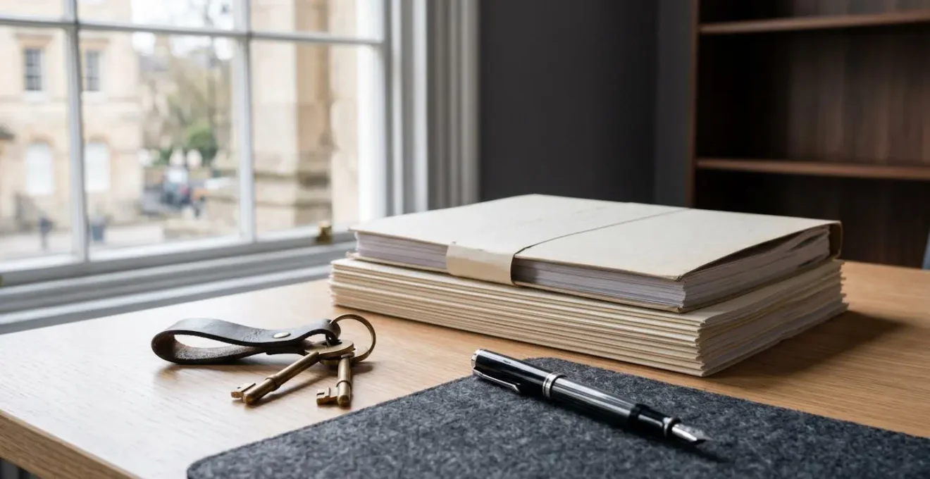 Organized conveyancing documents and property keys arranged on a clean workspace showing a streamlined UK property transaction process