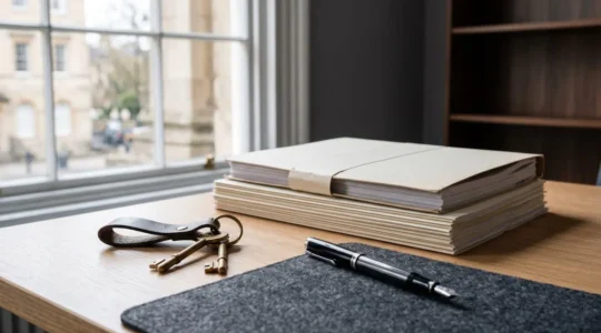 Organized conveyancing documents and property keys arranged on a clean workspace showing a streamlined UK property transaction process