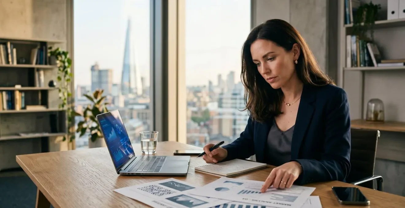 Professional property investor reviewing strategic BMV property documents with market analysis charts in modern UK office environment