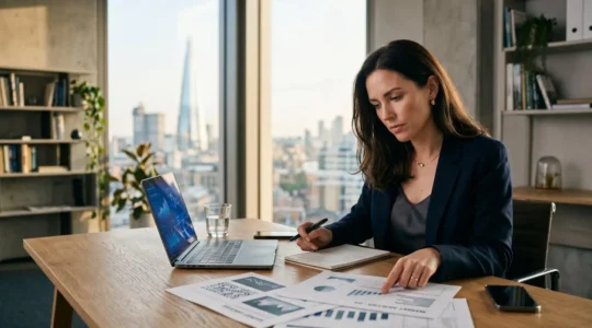 Professional property investor reviewing strategic BMV property documents with market analysis charts in modern UK office environment