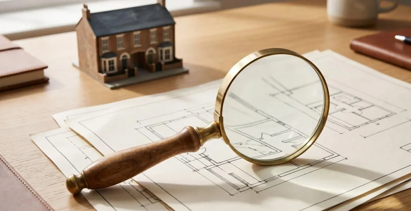 Magnifying glass examining property documents and housing blueprints with natural lighting highlighting search details