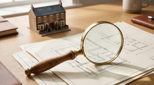 Magnifying glass examining property documents and housing blueprints with natural lighting highlighting search details