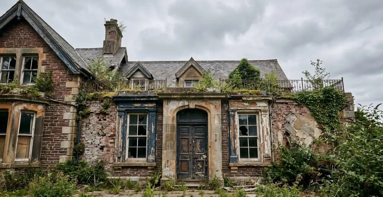 Weathered residential property facade with distressed architectural details symbolizing unmortgageable properties as investment opportunities