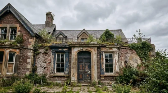Weathered residential property facade with distressed architectural details symbolizing unmortgageable properties as investment opportunities