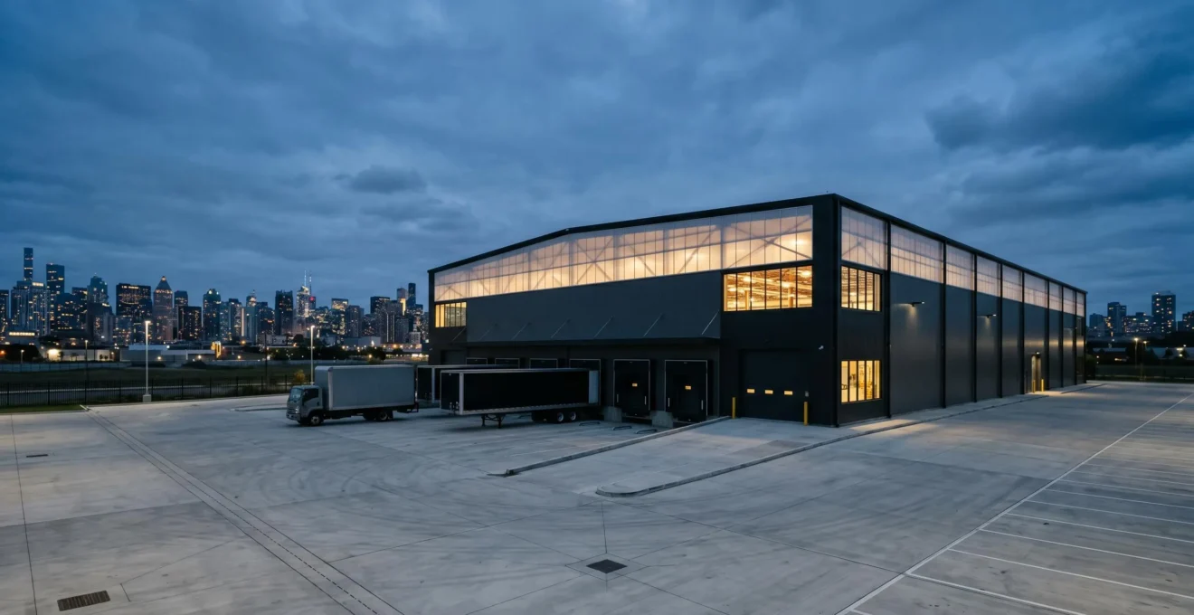 Modern urban logistics warehouse exterior with strategic location signaling last-mile delivery advantage
