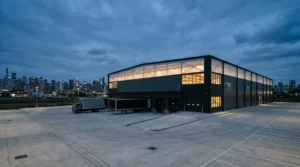 Modern urban logistics warehouse exterior with strategic location signaling last-mile delivery advantage