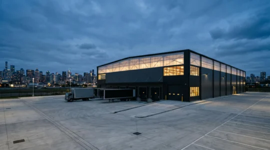 Modern urban logistics warehouse exterior with strategic location signaling last-mile delivery advantage